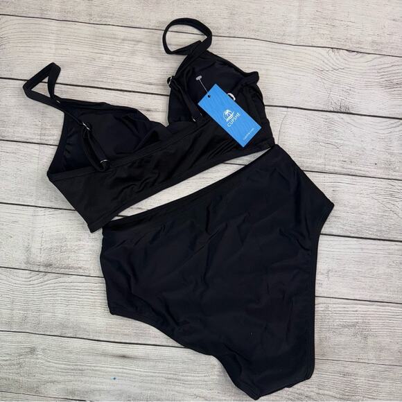 CUPSHE NWT Black Bikini Set with Bralette and Asymetric High Waist Bottom Sz XS - Picture 8 of 8